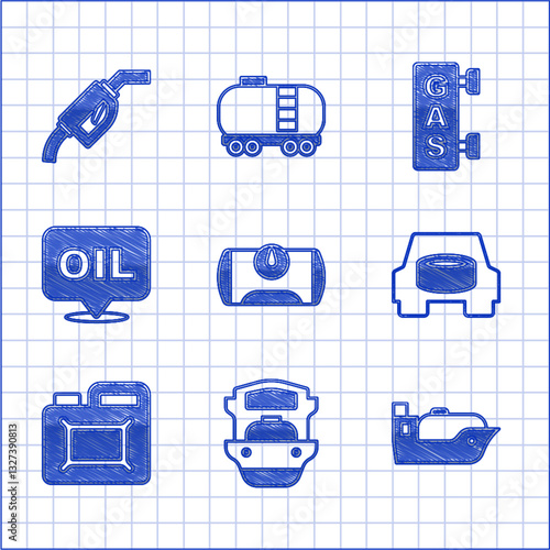 Set Gas tank for vehicle, Oil tanker ship, Spare wheel in the car, Canister motor oil, Word, filling station and Gasoline pump nozzle icon. Vector