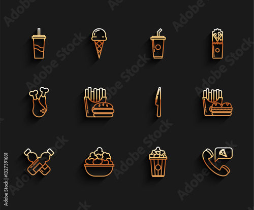 Set line Crossed bottle of water, Popcorn in bowl, Paper glass with drinking straw and, cardboard box, Food ordering pizza, Burger french fries carton package, and Knife icon. Vector