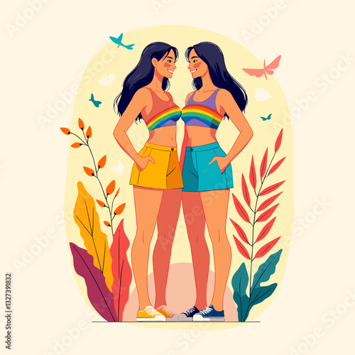 Two women embracing with a rainbow flag for LGBTQ+ pride, love, and acceptance theme in flat design