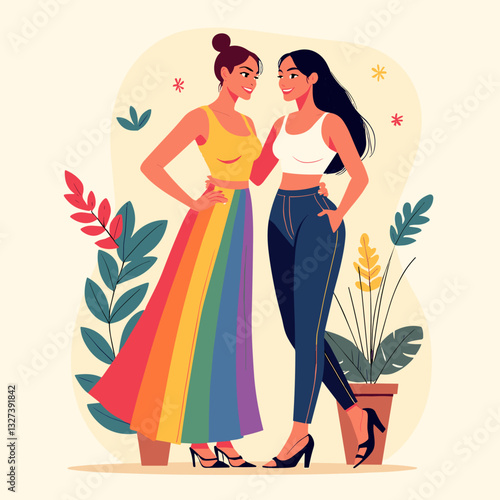 Two women in rainbow outfits for LGBTQ+ pride, love, and self-expression theme in flat design