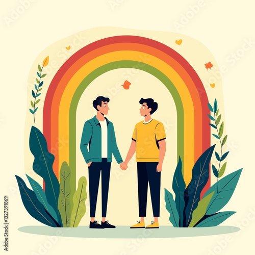 Two men holding hands under rainbow arch for LGBTQ+ pride, love and support theme in flat design