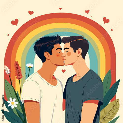 Two men kissing under rainbow with hearts for LGBTQ+ pride, love and acceptance theme in flat design