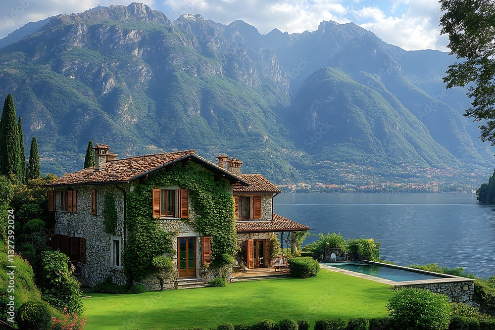 Luxurious Stone Villa with Ivy, Mountain Lake View, Infinity Pool Luxurious Stone Villa with Ivy, Mountain Lake View, Infinity Pool