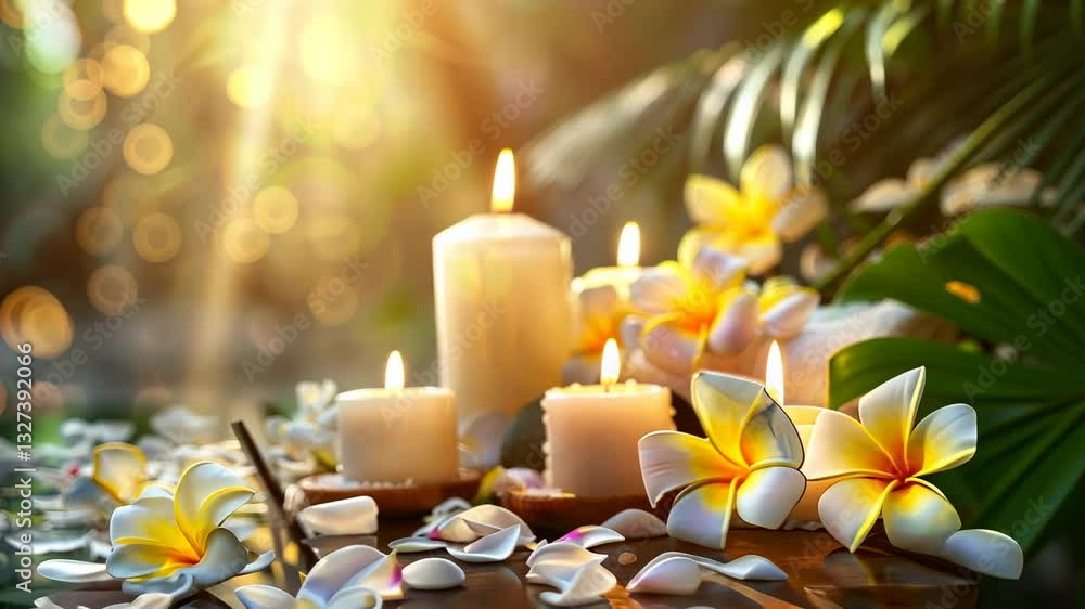 candles and tropical flowers on a blurred background of a spa salon, bokeh, blur, massage studio, exotic, palm leaves, nature, harmony, wellness, resort, sauna, light, frangipani