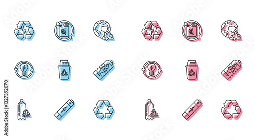Set line Recycling plastic bottle, Battery, with recycle symbol, Recycle, bin and can, Stop ocean pollution, light bulb lightning and Bio fuel canister icon. Vector