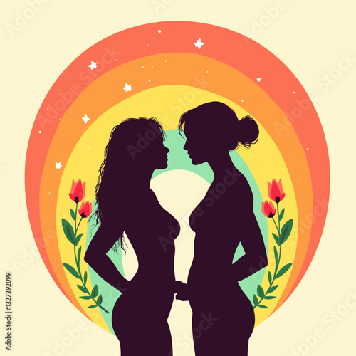 Two women holding hands under a rainbow for LGBTQ+ pride, love, and acceptance theme in flat design