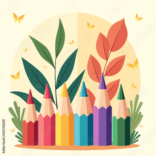 Rainbow pencils and leaves for LGBTQ+ pride, creativity, and self-expression theme in flat design