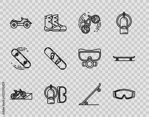 Set line Bicycle on street ramp, Ski goggles, trick, Diving mask and aqualung, All Terrain Vehicle or ATV motorcycle, Snowboard, Skateboard and icon. Vector