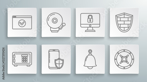 Set line Safe, Ringing alarm bell, Smartphone with security shield, Lock computer monitor screen, Shield cyber brick wall and Secure your site HTTPS, SSL icon. Vector