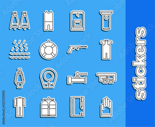 Set line Gloves, Diving belt, Wetsuit for scuba diving, Backpack, Lifebuoy, Rain and waves, Rubber flippers swimming and Fishing harpoon icon. Vector