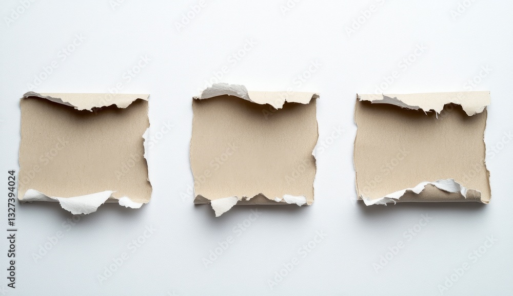 Three Pieces of Torn Brown Paper on White Background Three Pieces of Torn Brown Paper on White Background