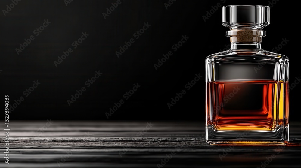 A sleek glass bottle filled with amber liquid rests on a wooden table, encapsulating simplicity and elegance in its design and ambiance. A sleek glass bottle filled with amber liquid rests on a wooden table, encapsulating simplicity and elegance in its design and ambiance.