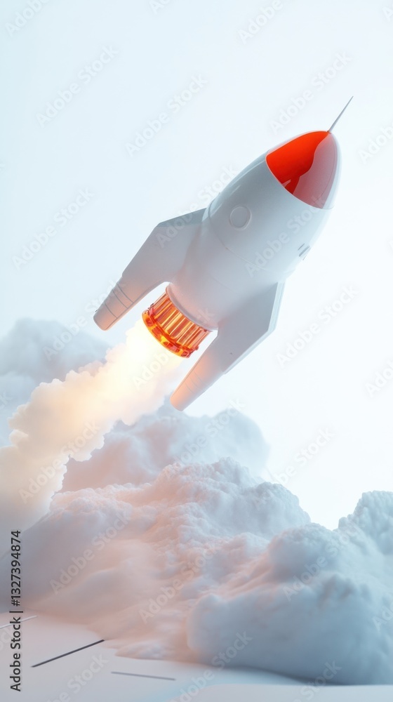 A Retro Rocket Ascends Through Fluffy Clouds on a Journey Upwards A Retro Rocket Ascends Through Fluffy Clouds on a Journey Upwards