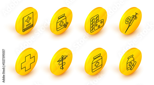 Set line Medicine bottle and pills, Caduceus snake medical symbol, Cross hospital, Medical syringe with needle, Pills blister pack, and book icon. Vector