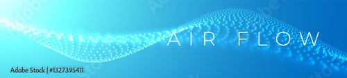 Air waves with depth of field. Particle stream of clean fresh air. Air conditioner. Fresh scent and air filtration effect. Blue wide wavy background.
