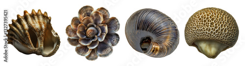 Colorful Shells and Marine Life Forms on White Background, PNG bundle collection, Isolated on Transparent Background