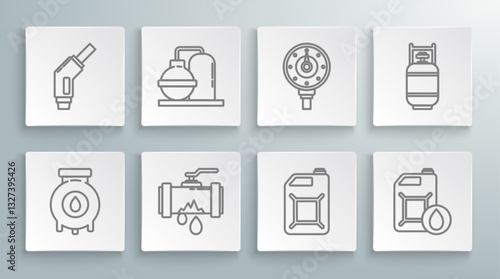 Set line Oil and gas industrial factory building, Broken metal pipe with leaking water, Canister for gasoline, motor machine oil, Motor gauge, Propane tank and Gasoline pump nozzle icon. Vector