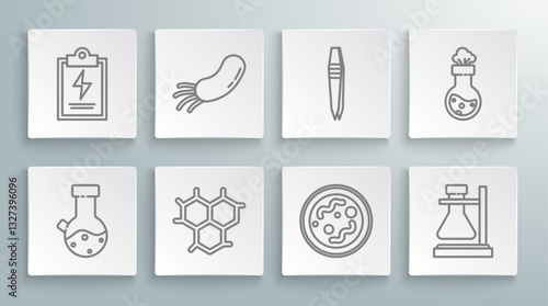 Set line Test tube and flask chemical, Bacteria, Chemical formula, on stand, Tweezers, and Laboratory clipboard with checklist icon. Vector