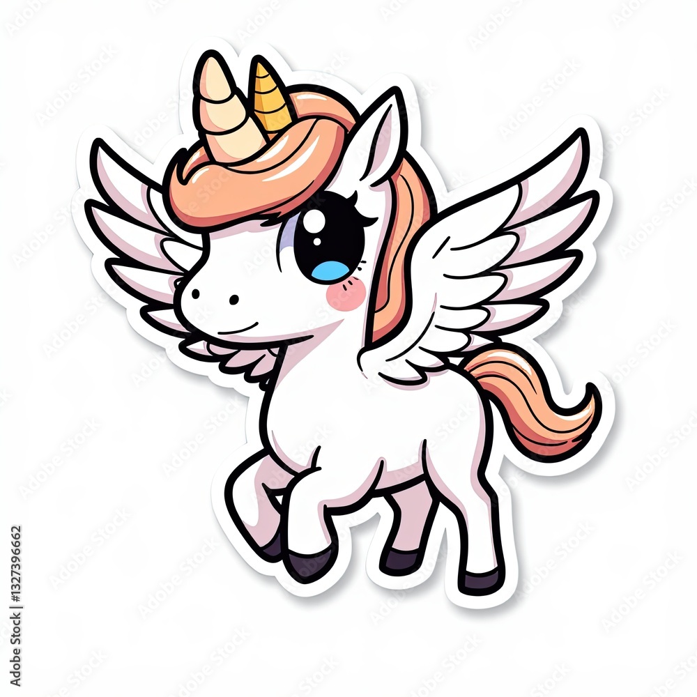 Fototapeta premium Cute Cartoon Unicorn with Wings and Pink Mane, Adorable Fantasy Animal