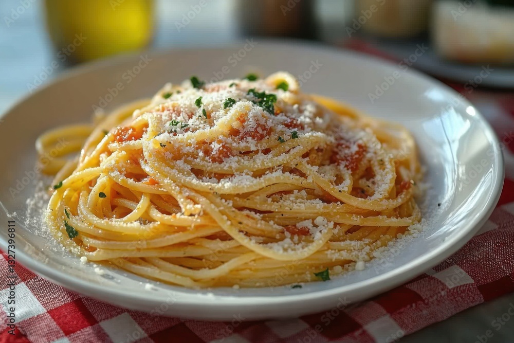 Pasta with tomato sauce and cheese on a white plate Italian cuisine classic Pasta with tomato sauce and cheese on a white plate Italian cuisine classic