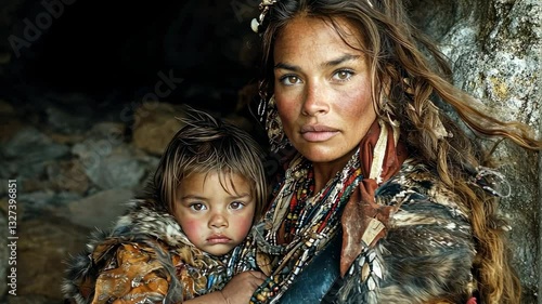 ancient woman with child in cave, neanderthal, cro-magnon, homo sapiens, prehistoric times, stone age, parent, little boy, mother, cavewoman, girl, life of primitive people