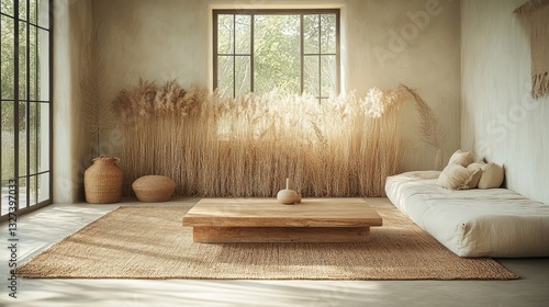In a minimalist modern living room, a light wooden coffee table blends aesthetic appeal with functionality in earthy tones.