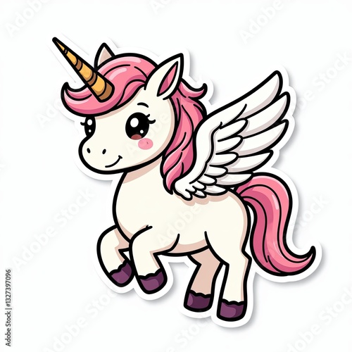 Cute Cartoon Unicorn with Wings and Pink Mane, Adorable Fantasy Animal