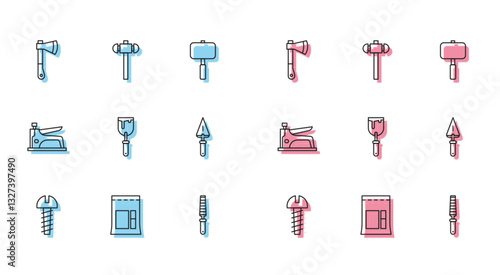 Set line Metallic screw, Cement bag, Wooden axe, Chisel tool for wood, Putty knife, Trowel, Construction stapler and Sledgehammer icon. Vector