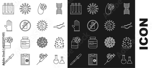 Set line Test tube and flask, Rabies virus, Ebola disease, Blood test, No handshake, Medical rubber gloves, and Virus icon. Vector