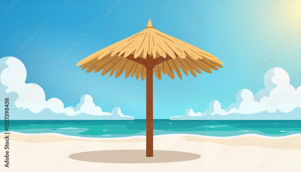 Straw beach umbrella standing on sandy shore, summer relaxation, copy space Straw beach umbrella standing on sandy shore, summer relaxation, copy space