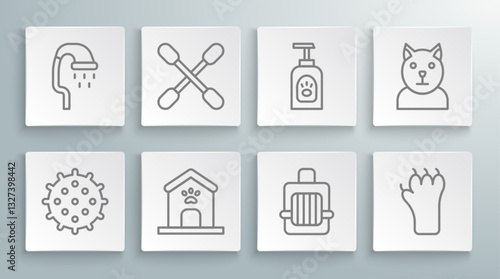 Set line Tennis ball, Cotton swab for ears, Dog house and paw print, Pet carry case, Paw, shampoo, Cat and shower icon. Vector
