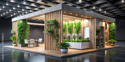 Sustainable booth showcasing recycled goods, vibrant green decor.