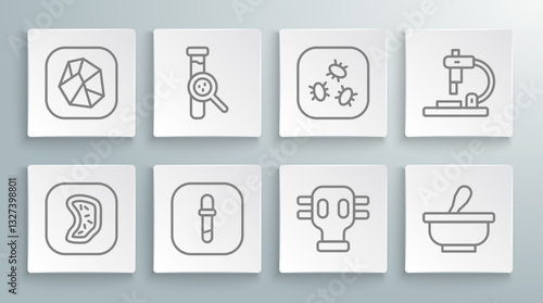 Set line Bacteria, Test tube and flask, Pipette, Gas mask, Mortar pestle, Microscope and Salt stone icon. Vector