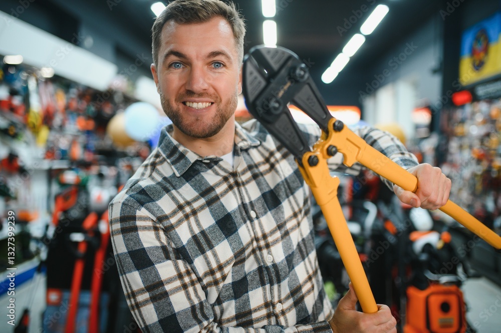 A man in a hardware store choosing a tool A man in a hardware store choosing a tool