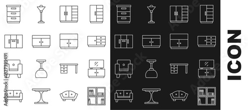 Set line Shelf with books, TV table stand, Chest of drawers, Wardrobe, Furniture nightstand and icon. Vector