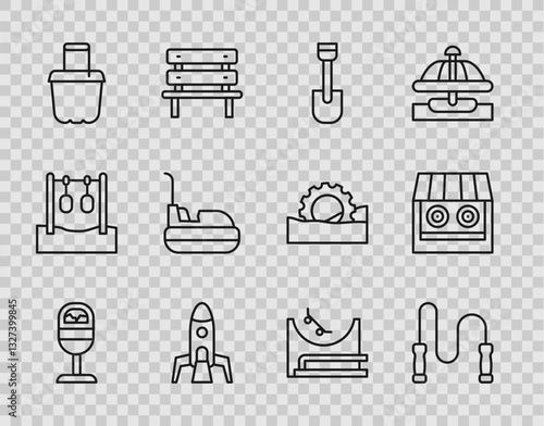 Set line Trash can, Jump rope, Shovel toy, Rocket ship, Sand in bucket, Bumper car, Skate park and Shooting gallery icon. Vector