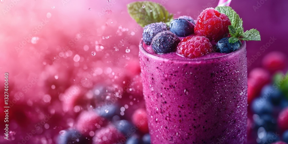 Refreshing berry smoothie with raspberries and blueberries served in a clear glass on a vibrant background Refreshing berry smoothie with raspberries and blueberries served in a clear glass on a vibrant background