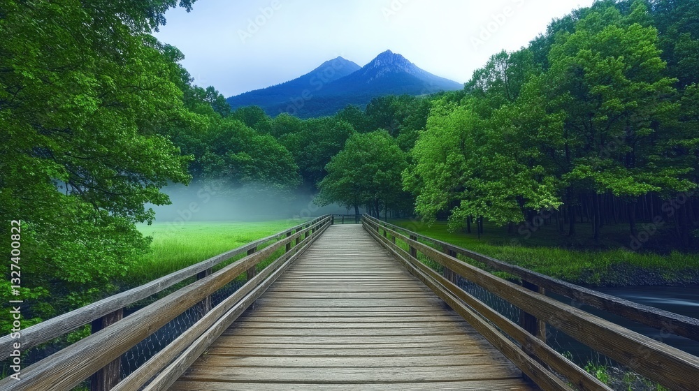 Fototapeta premium A rustic wooden bridge, nestled amid lush green trees and misty mountains, crosses a peaceful river, inviting exploration.