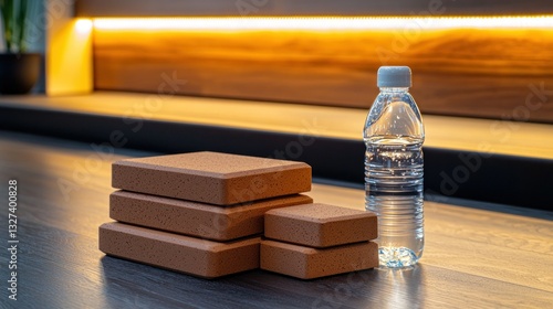 Yoga blocks and water bottle on wooden floor in modern home gym photo