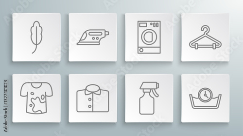 Set line Dirty t-shirt, Electric iron, T-shirt, Water spray bottle, Time wash, Washer, Hanger wardrobe and Feather icon. Vector