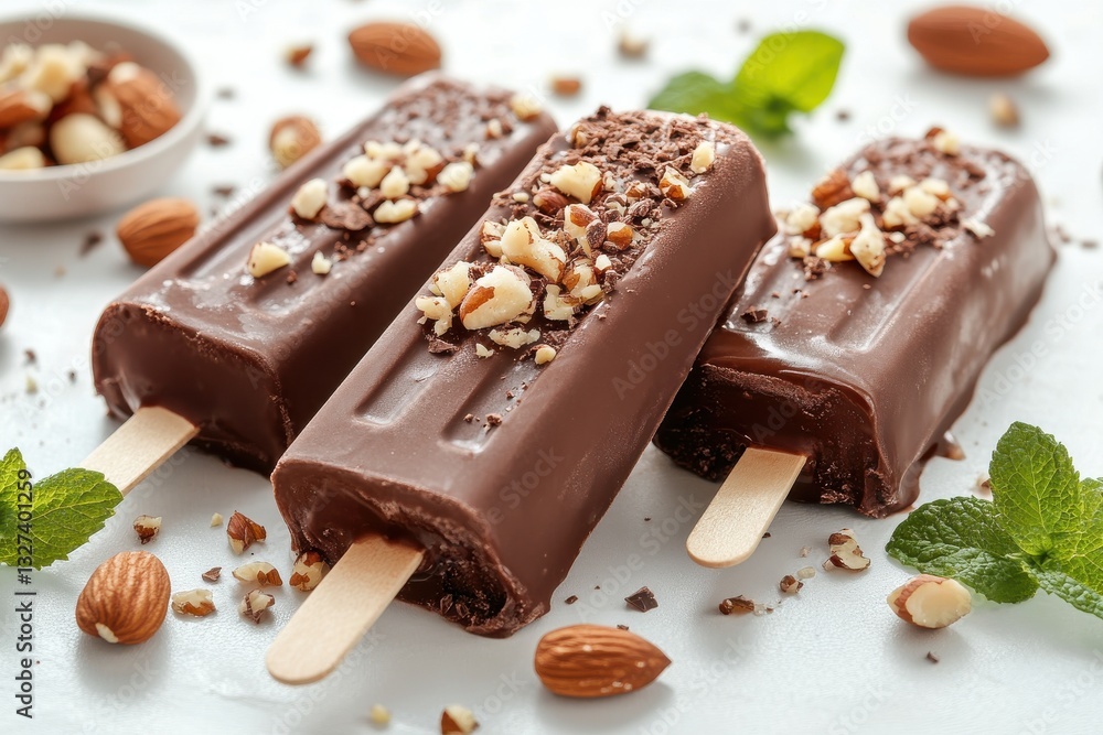 Indulging in rich chocolate ice cream bars topped with crunchy almonds and fresh mint on a sunny afternoon Indulging in rich chocolate ice cream bars topped with crunchy almonds and fresh mint on a sunny afternoon