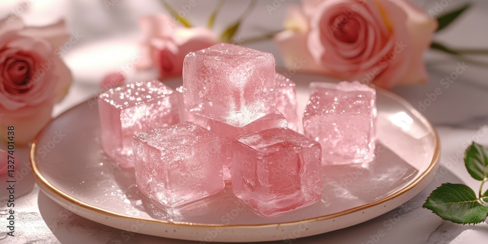 Beautiful pink ice cubes surrounded by delicate roses on a decorative plate in a serene setting Beautiful pink ice cubes surrounded by delicate roses on a decorative plate in a serene setting