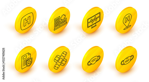 Set line Medical protective mask, Crossed bandage plaster, Patient record, Location hospital, Monitor with cardiogram, Hospital building and signboard icon. Vector