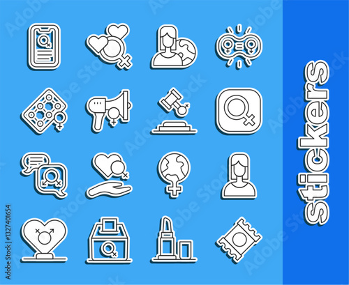 Set line Condom in package, Female, gender, Women from different countries, Feminist activist, Packaging of birth control pills, Dating app and rights icon. Vector