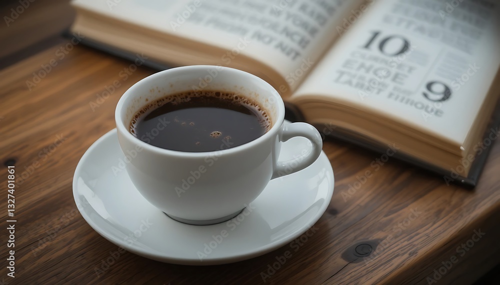 A cup of dark coffee sits on a saucer next to an open book on a wooden table, a cozy and comforting morning scene. A cup of dark coffee sits on a saucer next to an open book on a wooden table, a cozy and comforting morning scene.