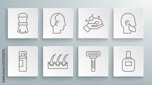 Set line Shaving gel foam, Baldness, Human hair follicle, razor, Aftershave, on hand, Mustache beard and brush icon. Vector
