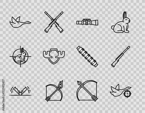 Set line Trap hunting, Hunt on duck with crosshairs, Sniper optical sight, Bow and fire arrow, Flying, Moose horns shield, quiver and Hunting gun icon. Vector