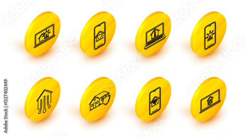 Set line Laptop with smart home, Mobile phone wi-fi, House under protection, Smart, house and alarm, temperature, and icon. Vector