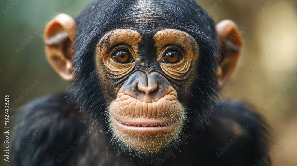 Expressive portrait of a young chimpanzee with intense gaze and detailed facial features Expressive portrait of a young chimpanzee with intense gaze and detailed facial features
