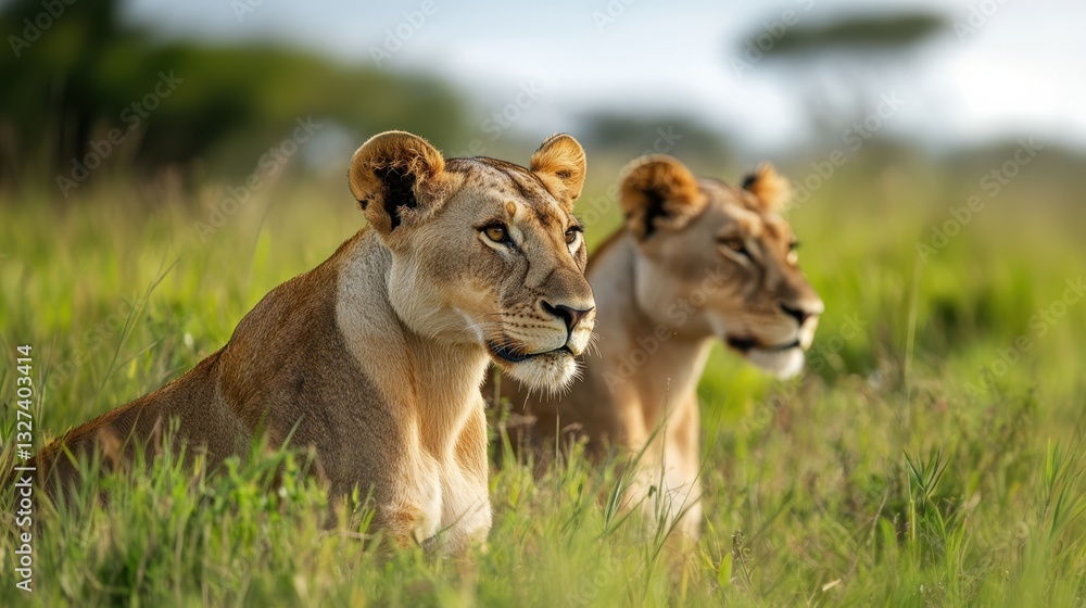 Obraz premium Two lionesses are sitting in the grass looking intently, wildlife observation during safari, and big cats in their natural environment